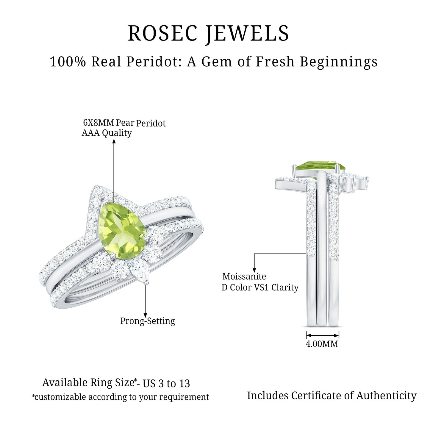 Certified Real 1 Carat Peridot Trio Wedding Ring Set with Moissanite