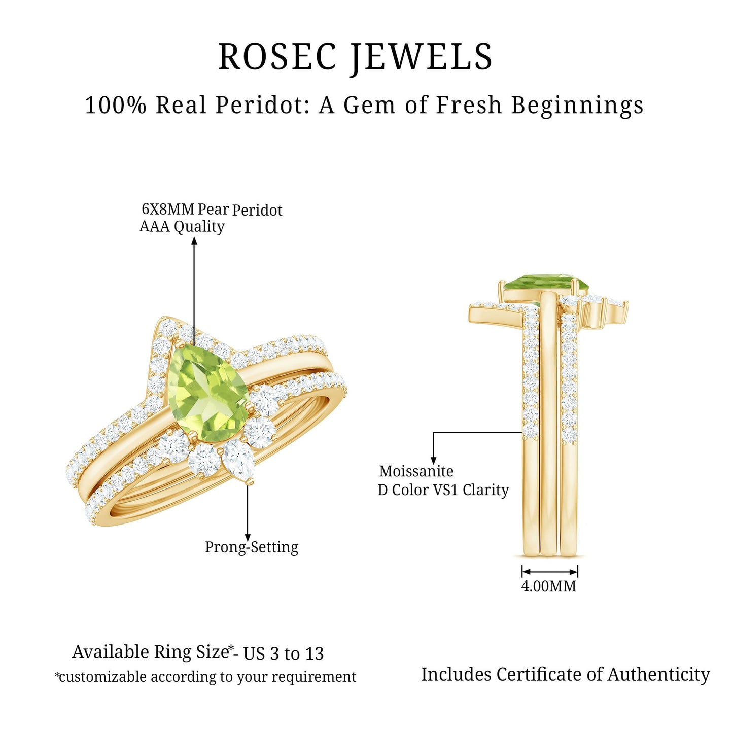 Certified Real 1 Carat Peridot Trio Wedding Ring Set with Moissanite