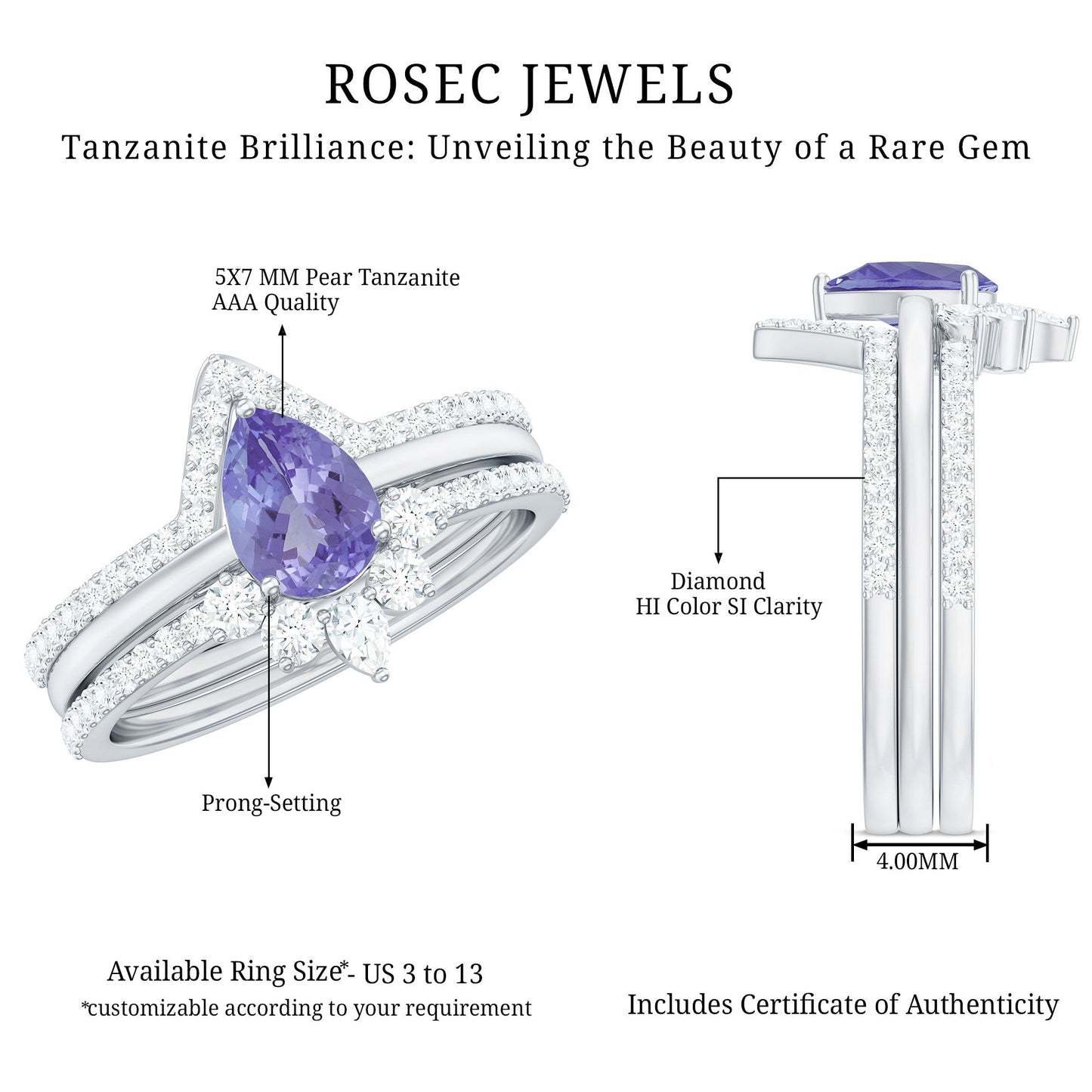 Natural Tanzanite Diamond 3 Piece Wedding Ring Set