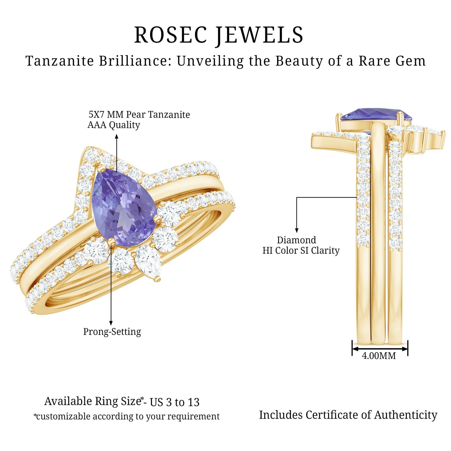 Natural Tanzanite Diamond 3 Piece Wedding Ring Set