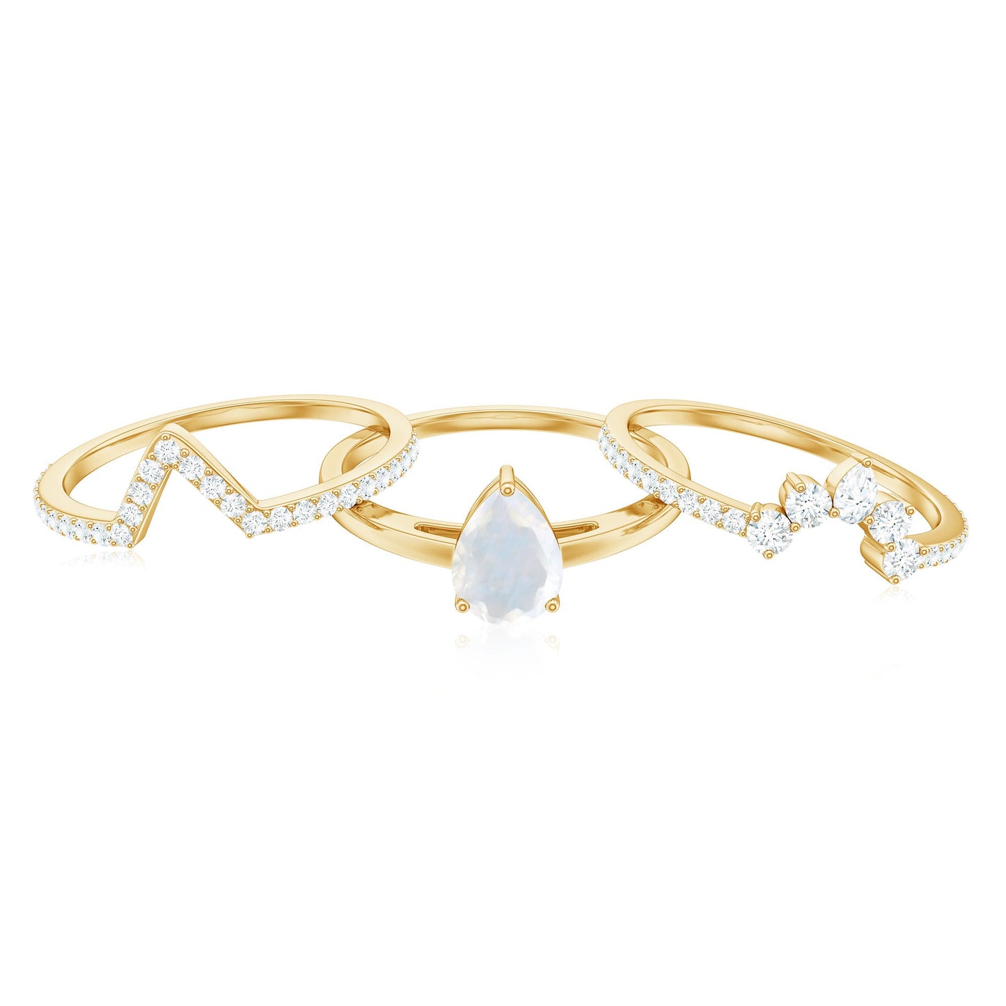 Pear Cut Moonstone Trio Wedding Ring Set with Moissanite