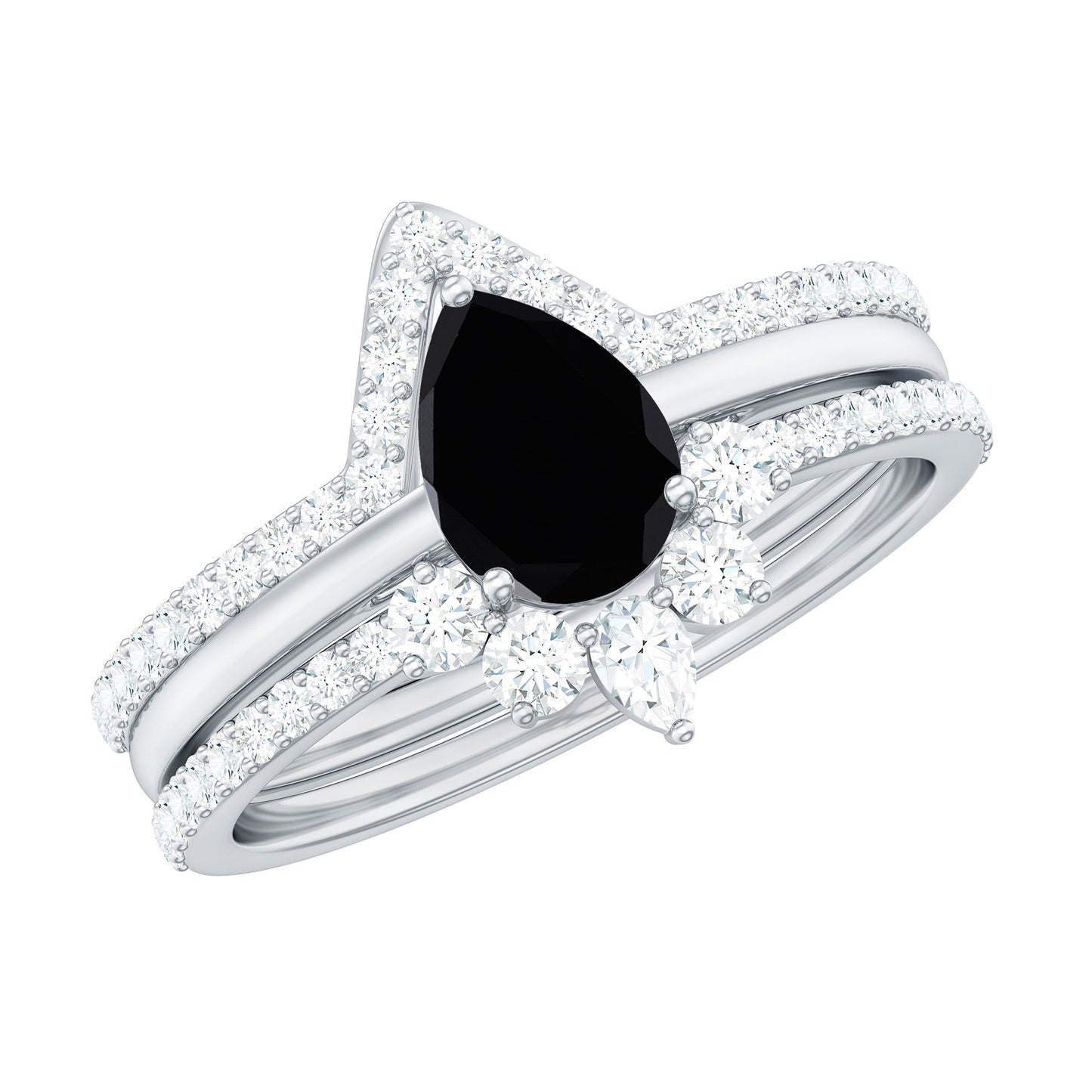 6X8mm Pear Shaped Black Onyx Engagement Ring With Ring Guards