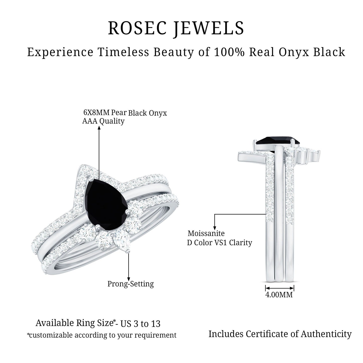 6X8mm Pear Shaped Black Onyx Engagement Ring With Ring Guards