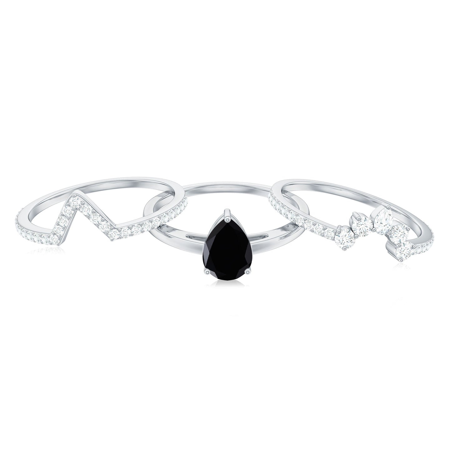 6X8mm Pear Shaped Black Onyx Engagement Ring With Ring Guards
