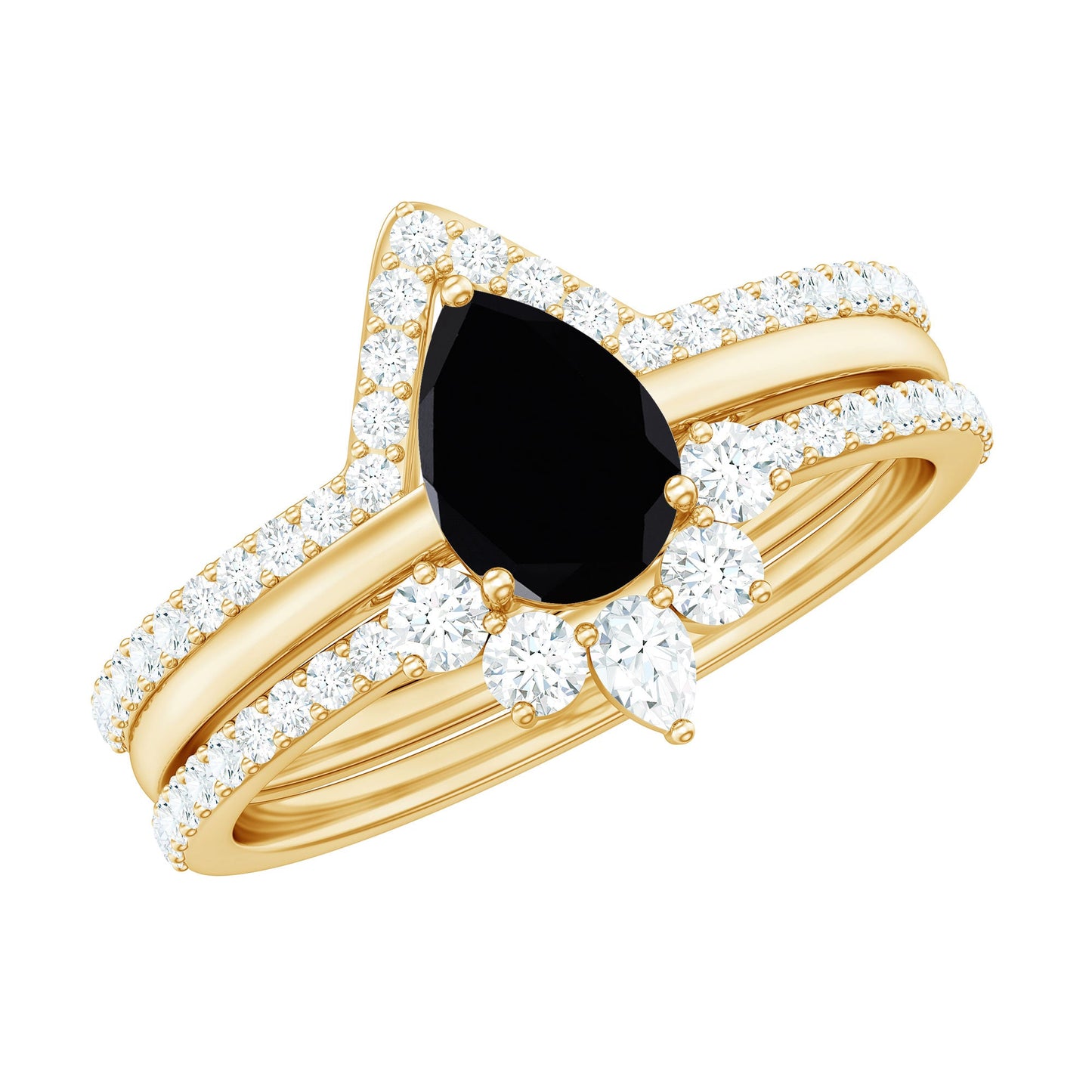 6X8mm Pear Shaped Black Onyx Engagement Ring With Ring Guards