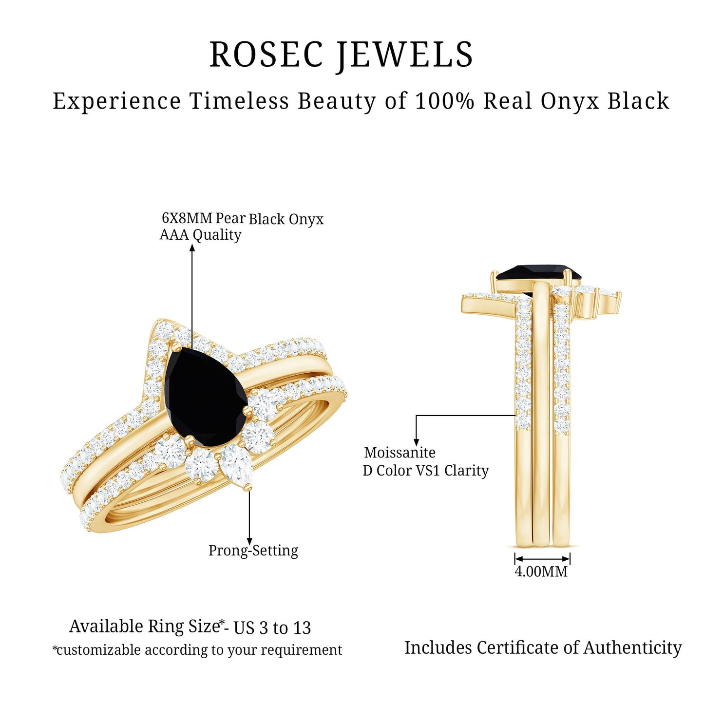 6X8mm Pear Shaped Black Onyx Engagement Ring With Ring Guards