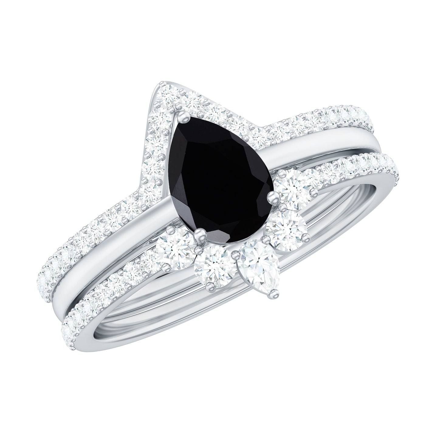 Certified Natural Black Spinel 3 Piece Wedding Ring Set with Moissanite