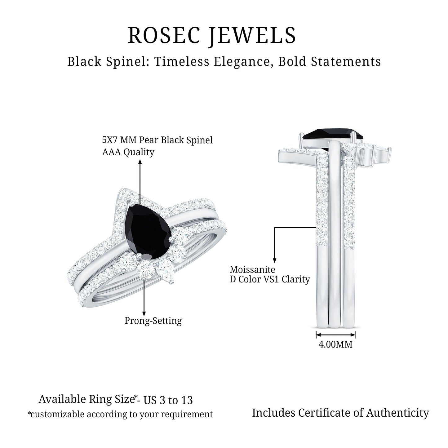 Certified Natural Black Spinel 3 Piece Wedding Ring Set with Moissanite