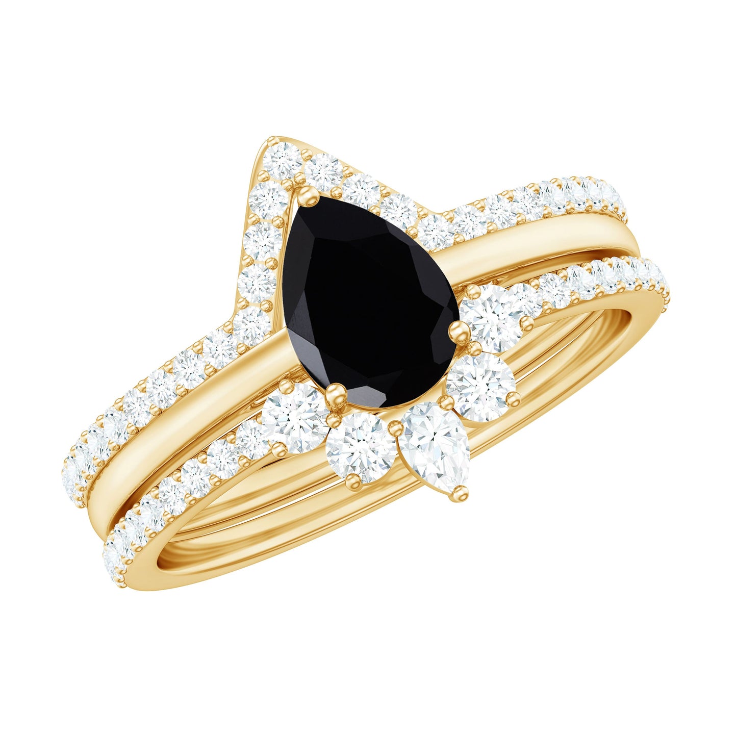 Certified Natural Black Spinel 3 Piece Wedding Ring Set with Moissanite