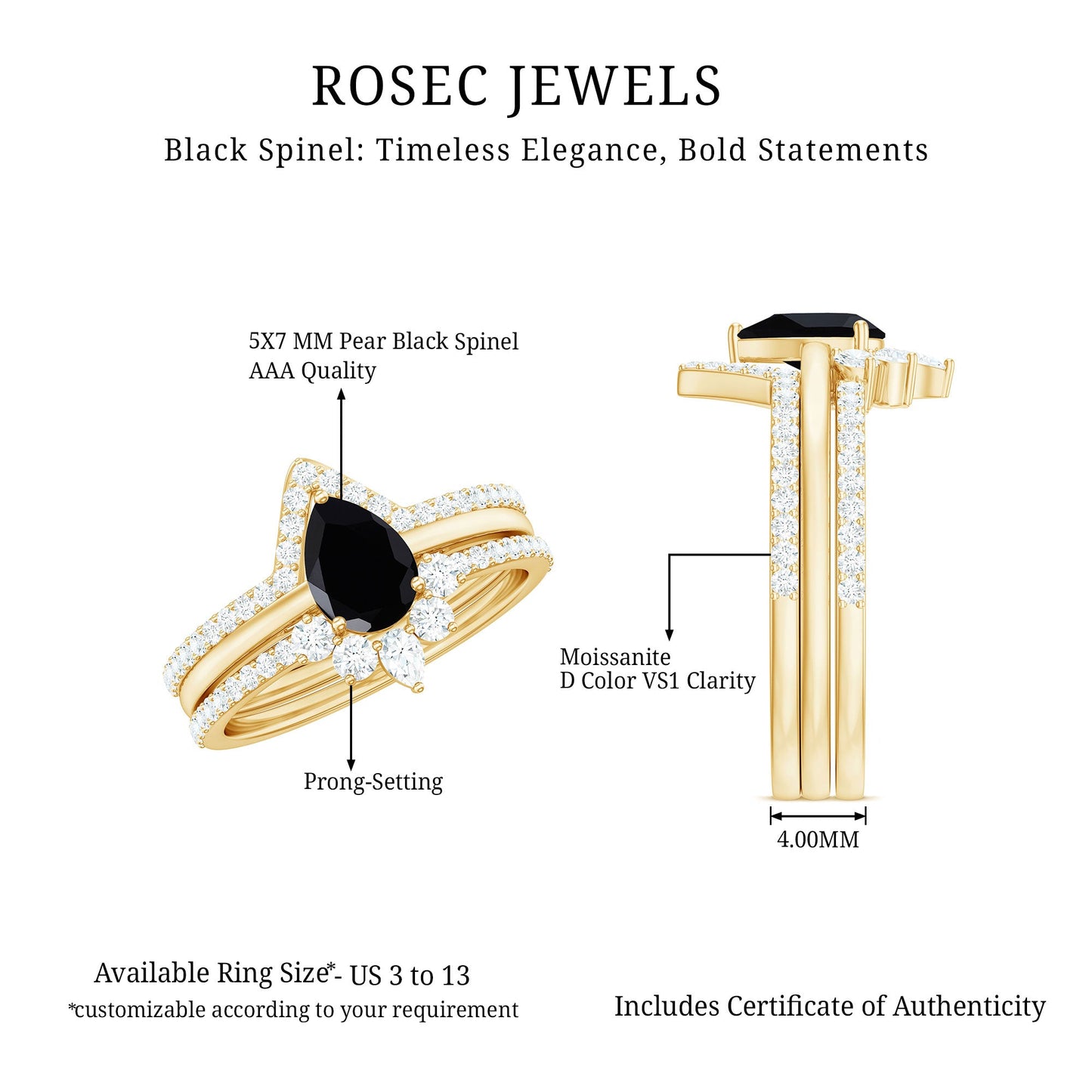 Certified Natural Black Spinel 3 Piece Wedding Ring Set with Moissanite