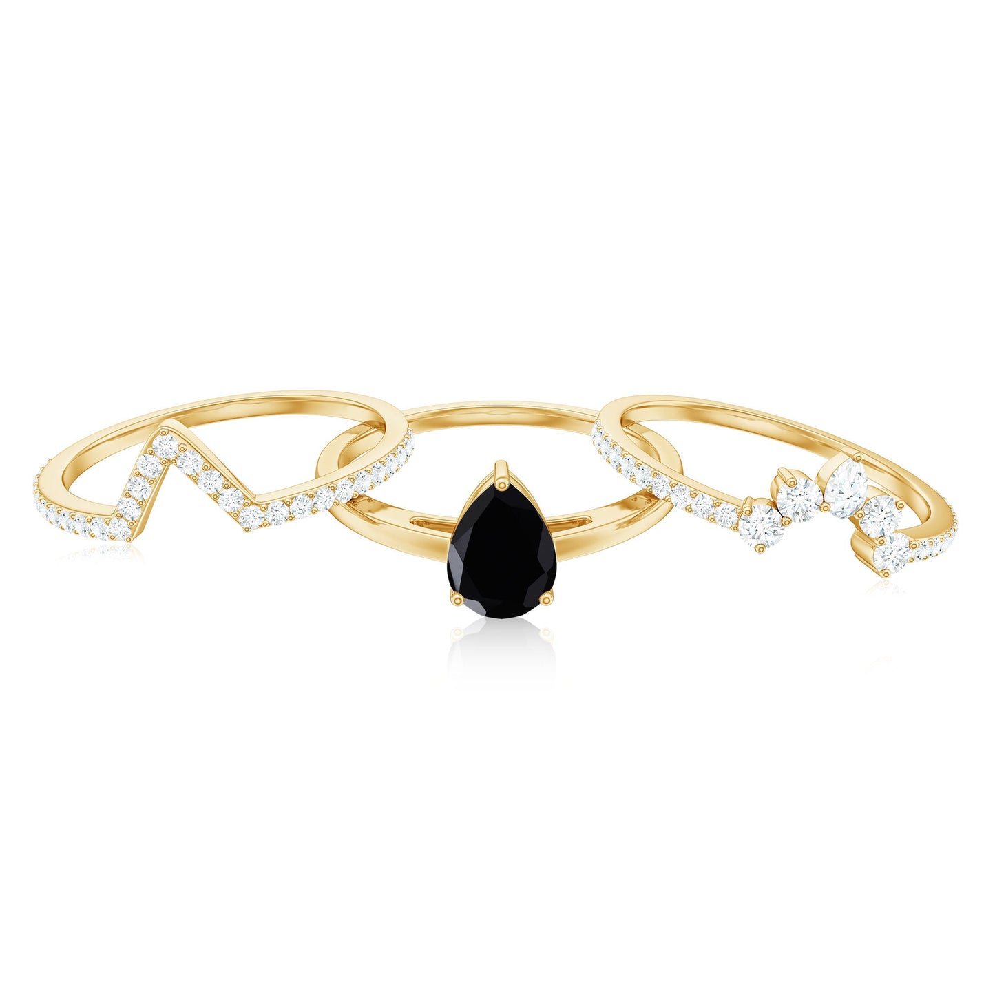 Certified Natural Black Spinel 3 Piece Wedding Ring Set with Moissanite
