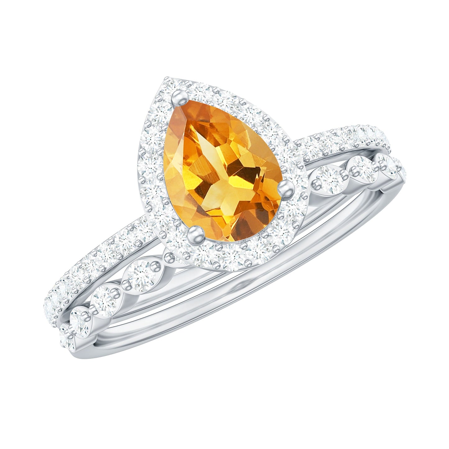 Real 0.6 Carat Citrine Teardrop Bridal Ring Set with Moissanite