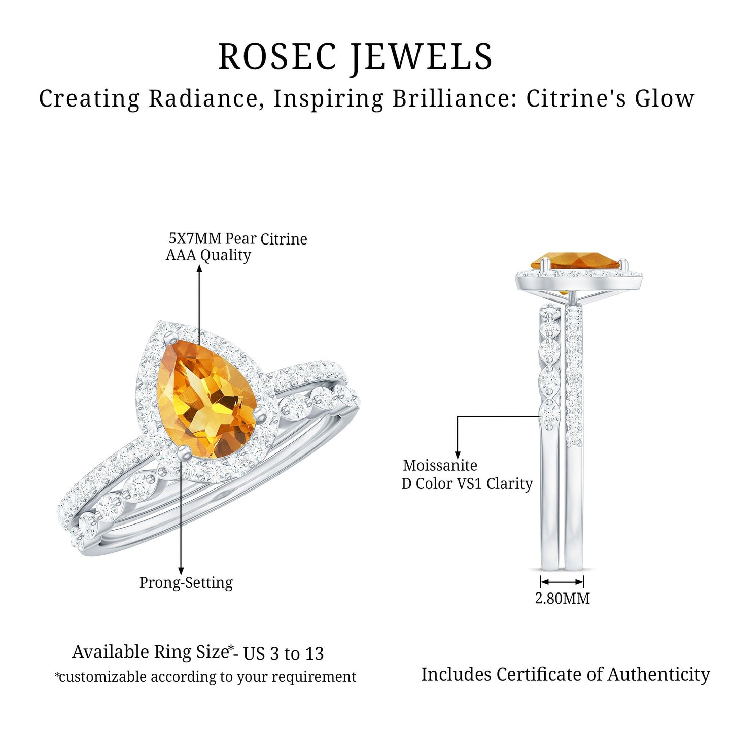 Real 0.6 Carat Citrine Teardrop Bridal Ring Set with Moissanite