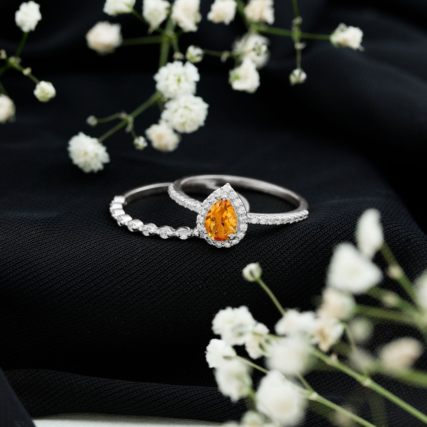 Real 0.6 Carat Citrine Teardrop Bridal Ring Set with Moissanite
