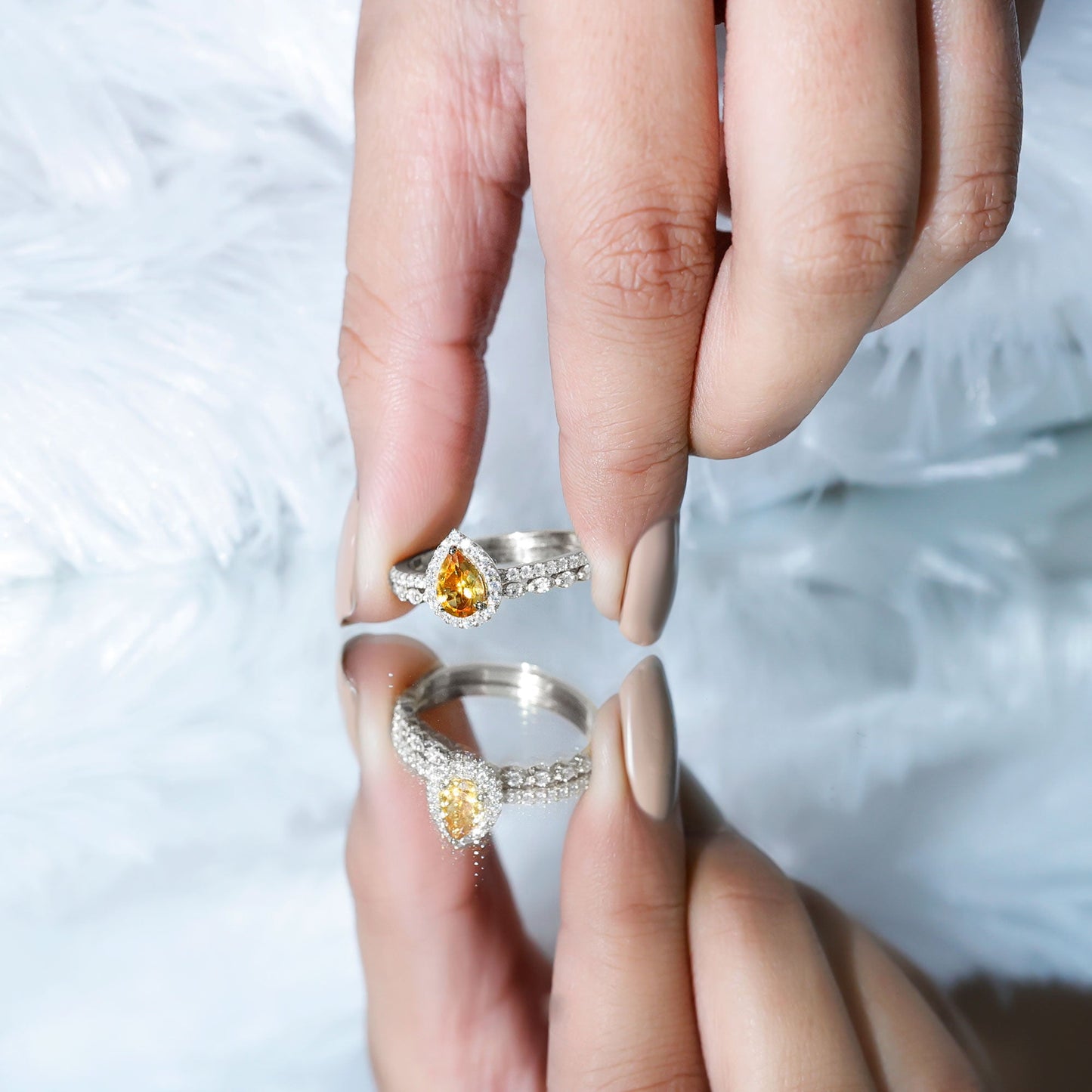 Real 0.6 Carat Citrine Teardrop Bridal Ring Set with Moissanite
