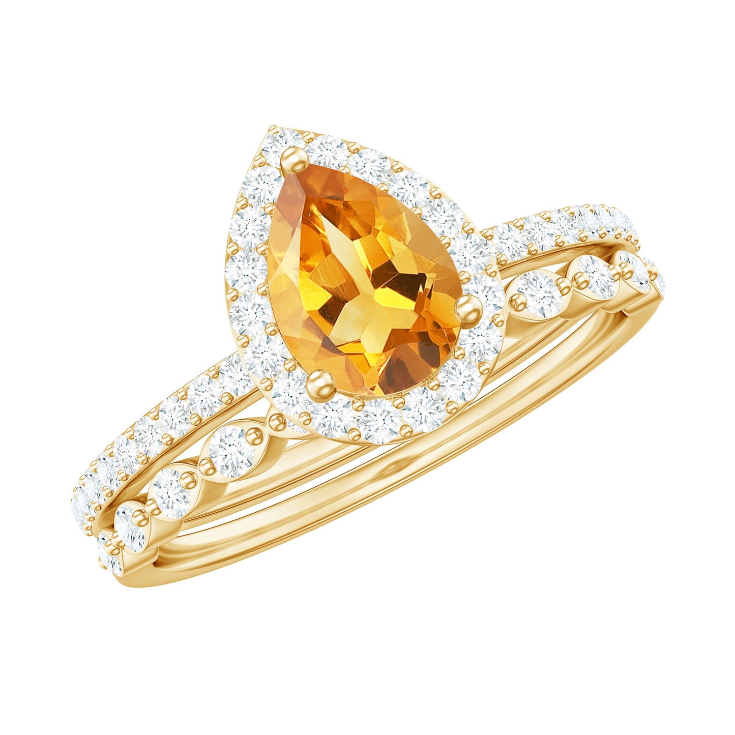 Real 0.6 Carat Citrine Teardrop Bridal Ring Set with Moissanite