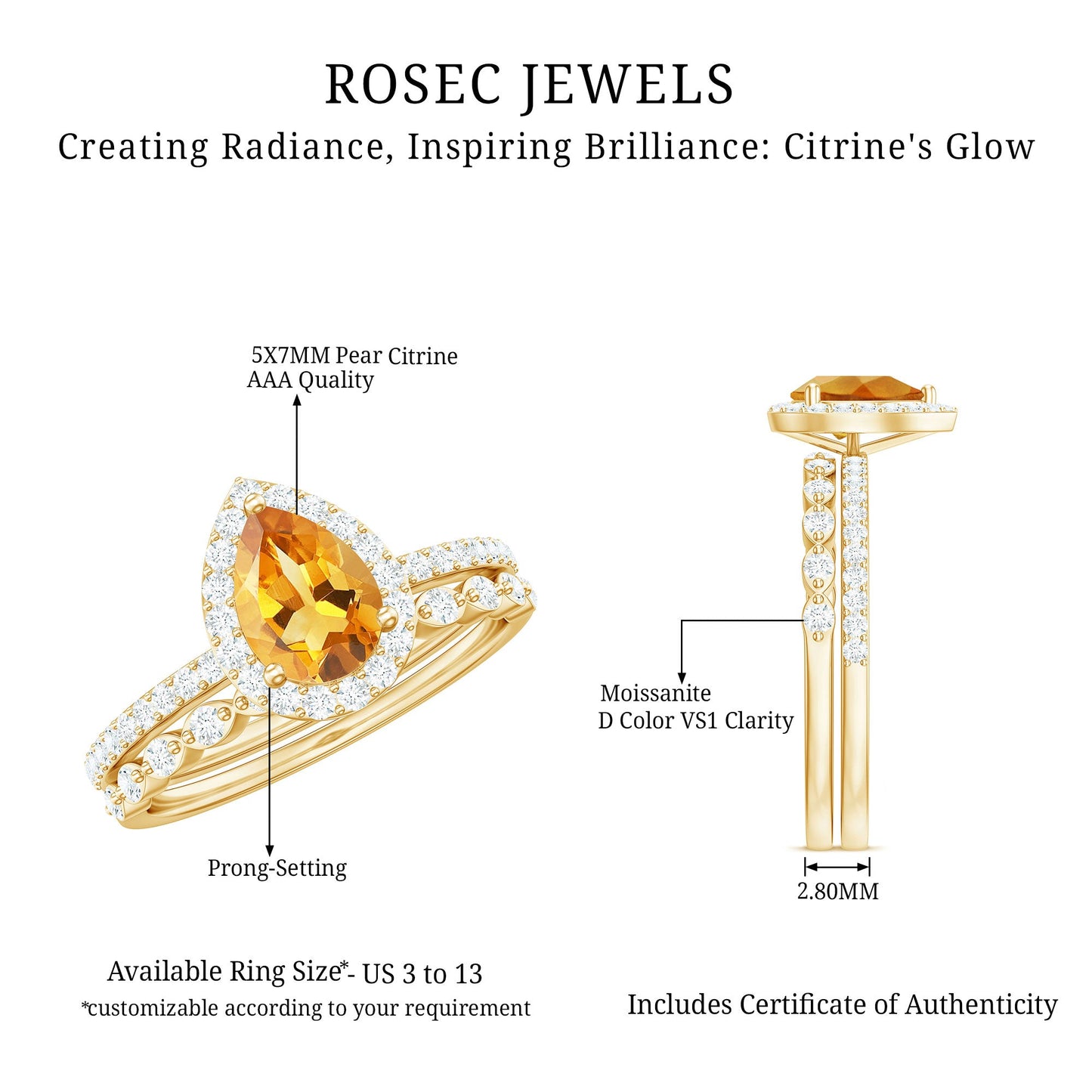 Real 0.6 Carat Citrine Teardrop Bridal Ring Set with Moissanite