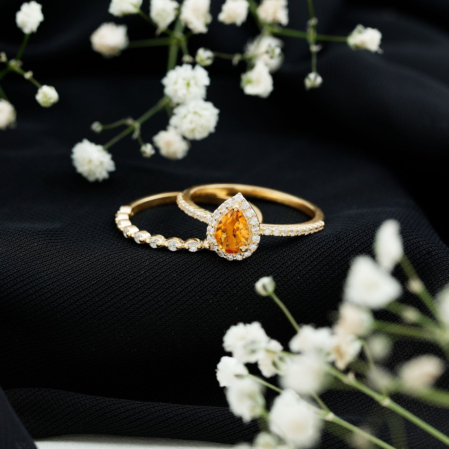Real 0.6 Carat Citrine Teardrop Bridal Ring Set with Moissanite