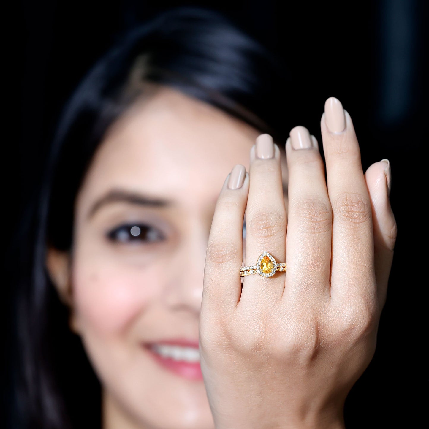 Real 0.6 Carat Citrine Teardrop Bridal Ring Set with Moissanite