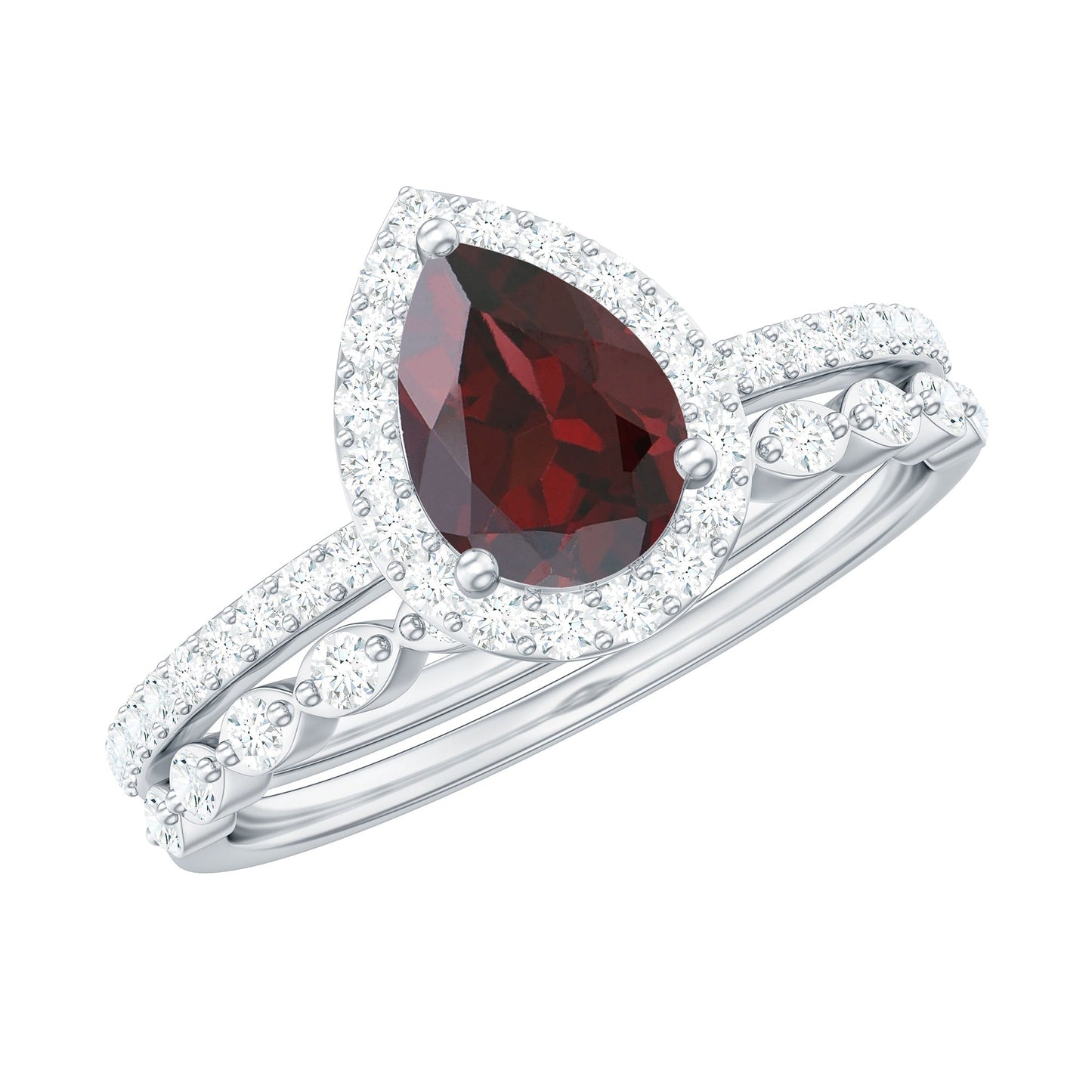 Natural 5X7mm Pear Shape Garnet Wedding Engagement Ring Set of 2