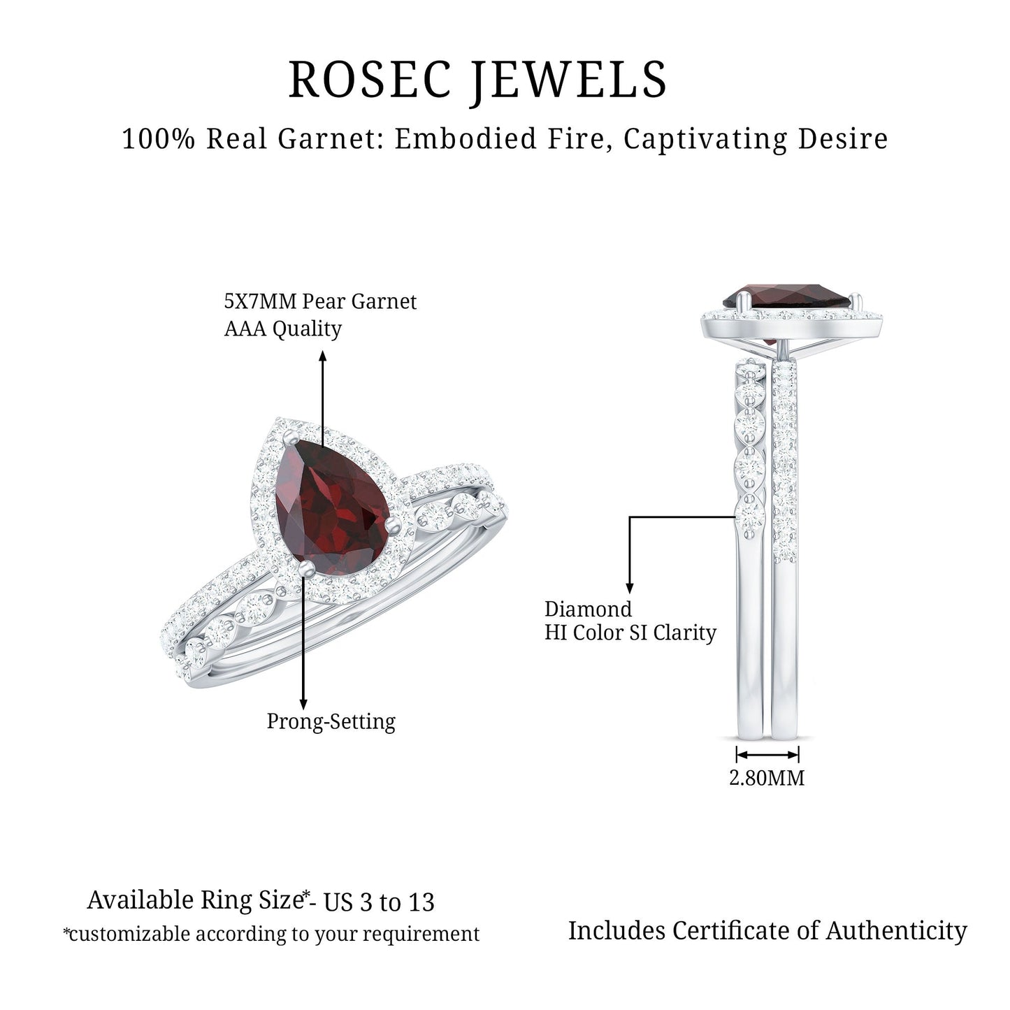 Natural 5X7mm Pear Shape Garnet Wedding Engagement Ring Set of 2