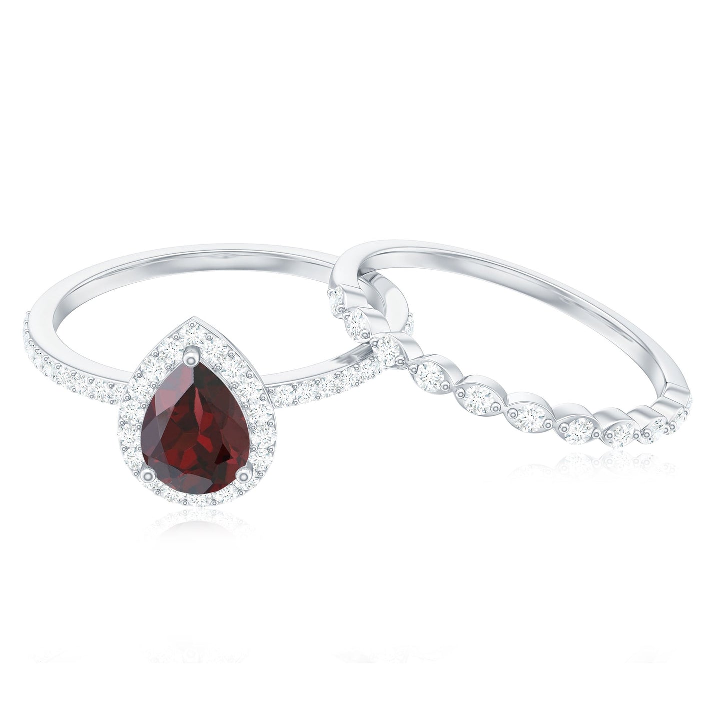 Natural 5X7mm Pear Shape Garnet Wedding Engagement Ring Set of 2