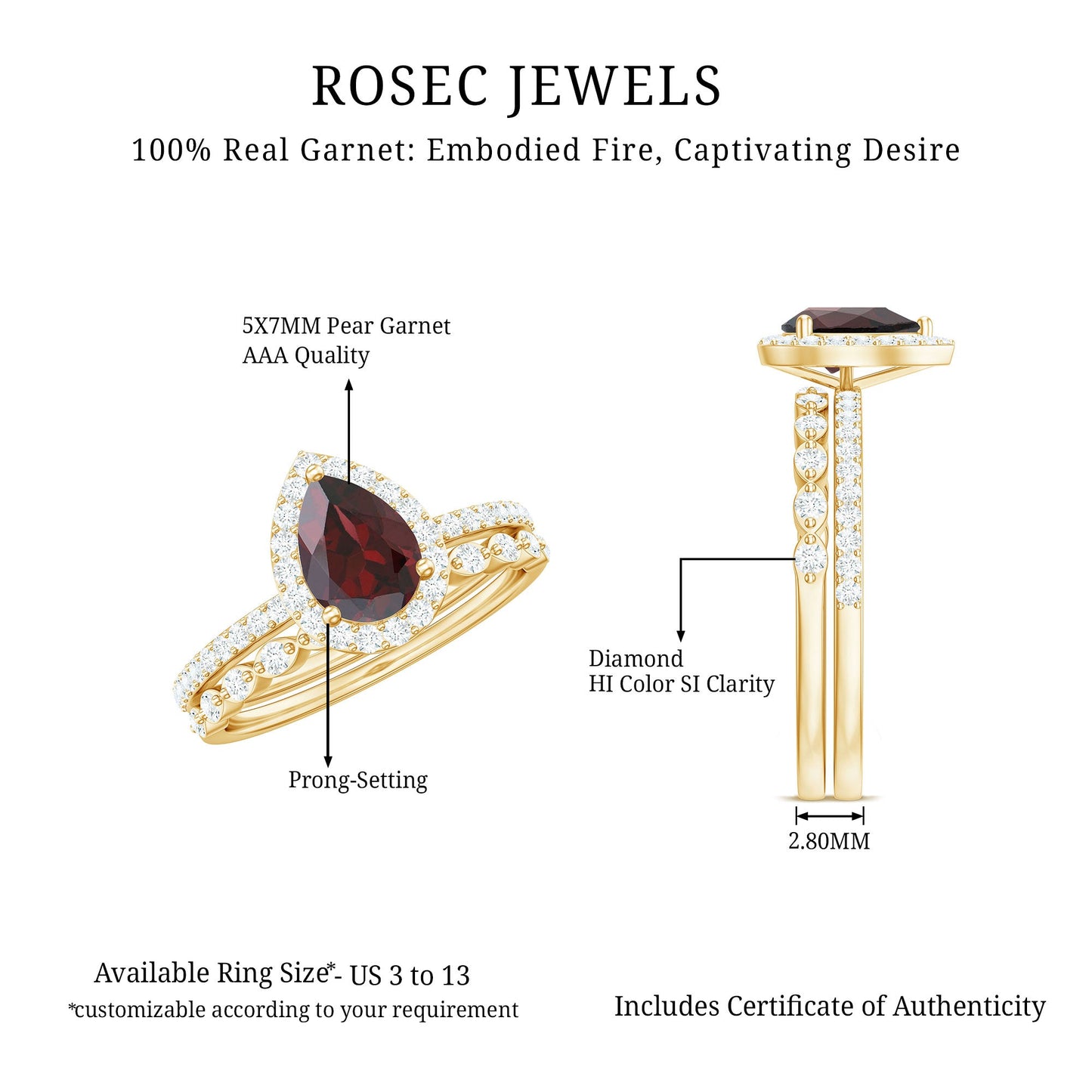 Natural 5X7mm Pear Shape Garnet Wedding Engagement Ring Set of 2