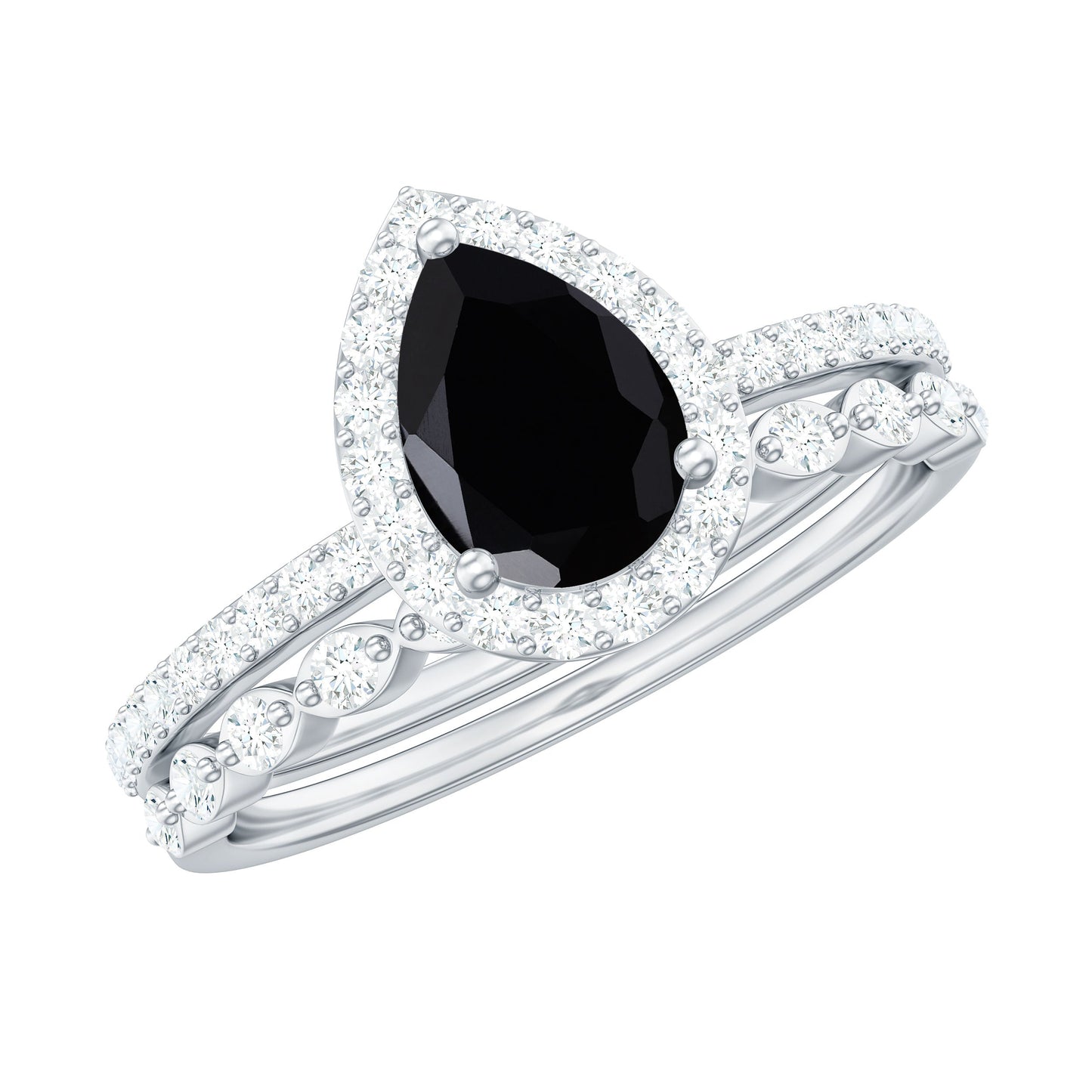Natural Pear Shape Black Spinel Diamond Wedding Engagement Ring Set of 2