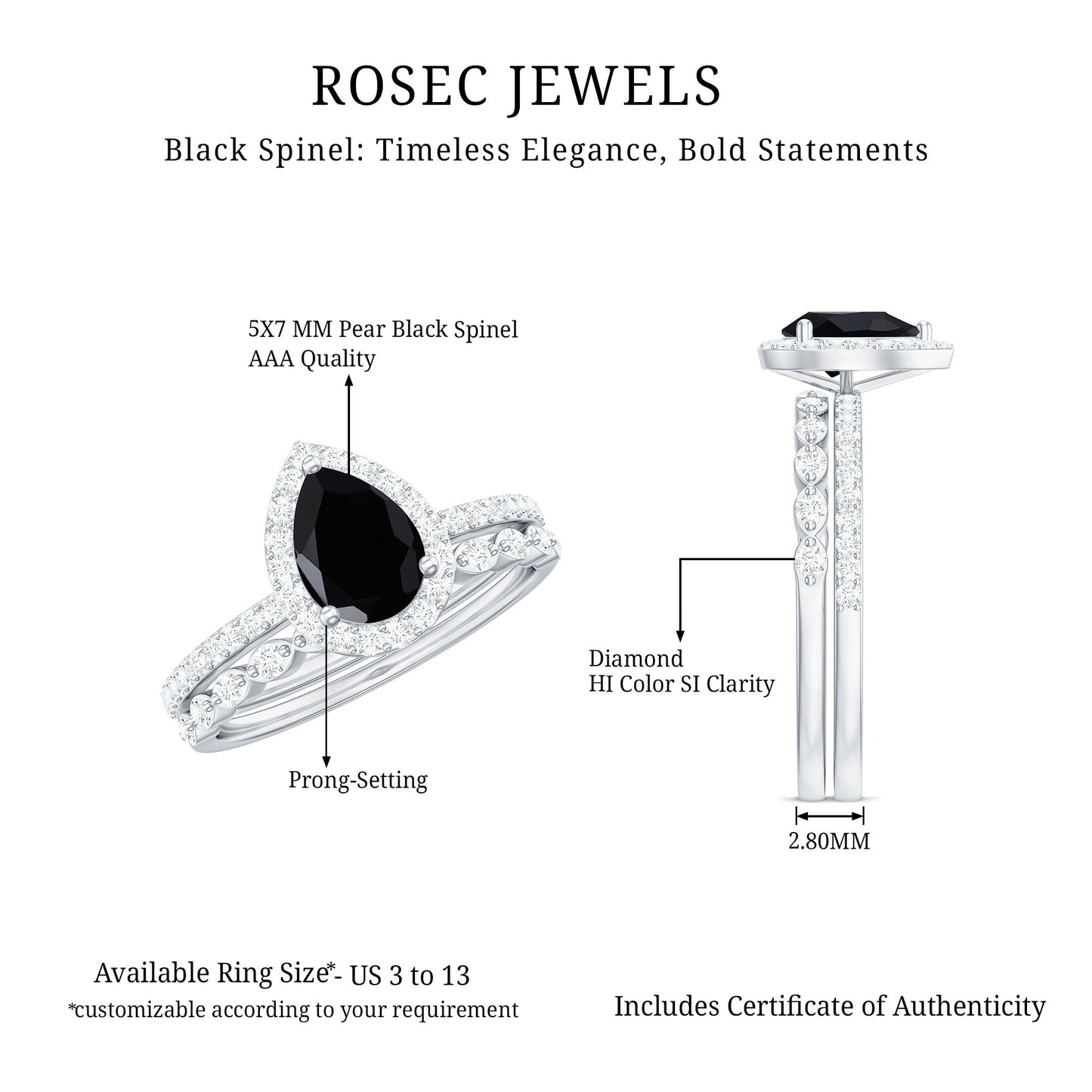 Natural Pear Shape Black Spinel Diamond Wedding Engagement Ring Set of 2