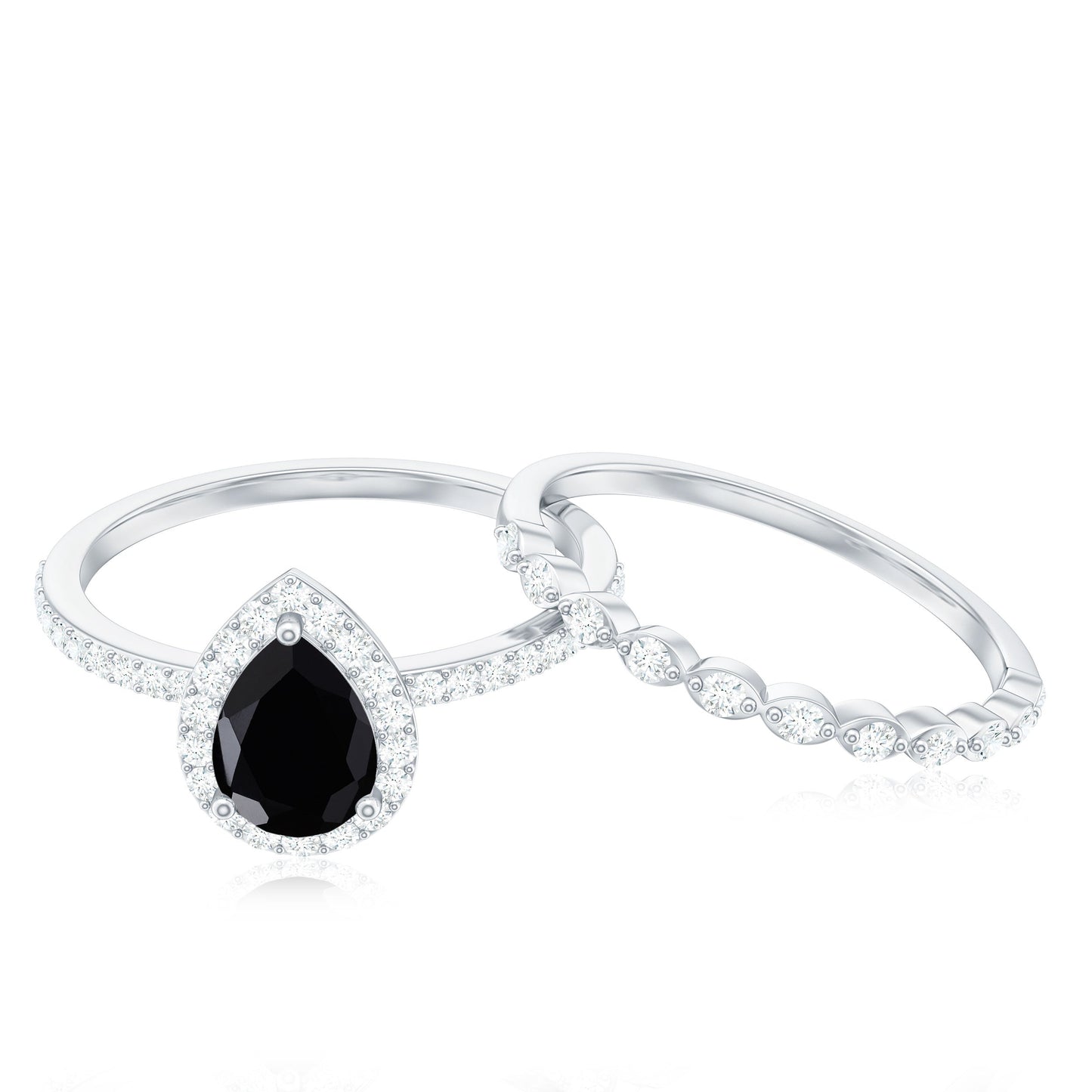 Natural Pear Shape Black Spinel Diamond Wedding Engagement Ring Set of 2