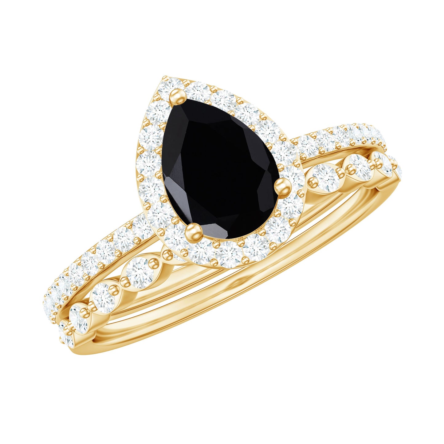 Natural Pear Shape Black Spinel Diamond Wedding Engagement Ring Set of 2