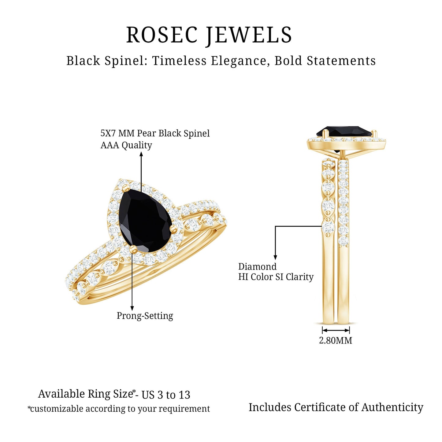 Natural Pear Shape Black Spinel Diamond Wedding Engagement Ring Set of 2