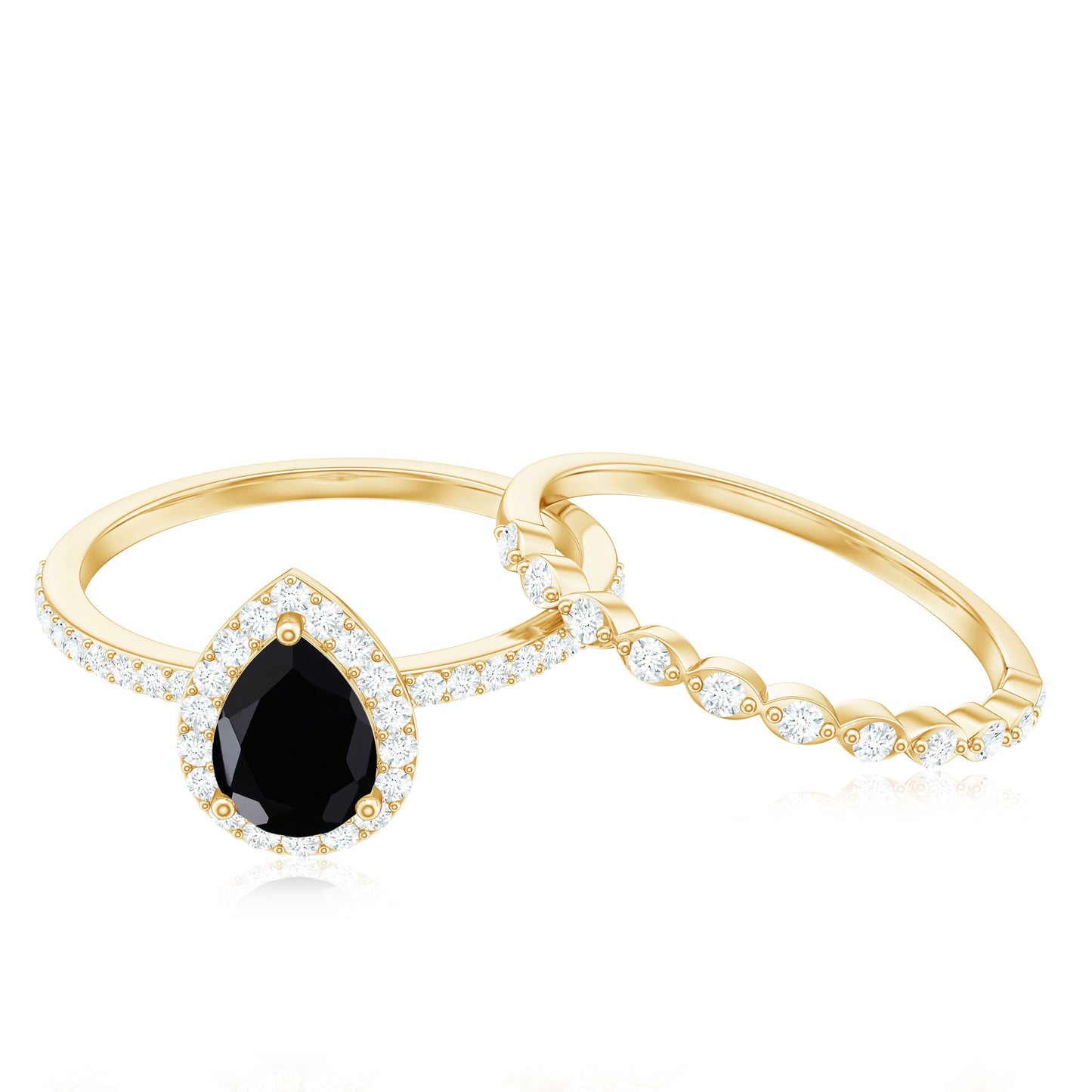 Natural Pear Shape Black Spinel Diamond Wedding Engagement Ring Set of 2