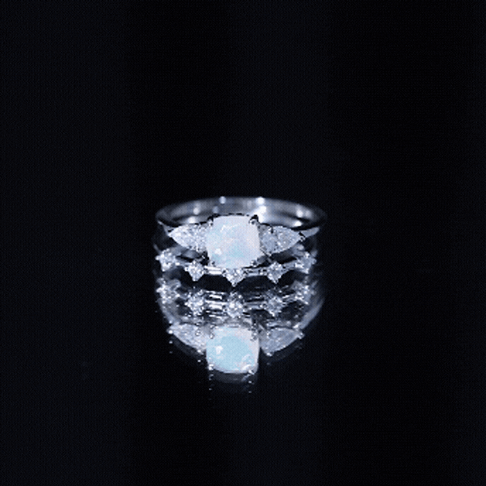 Cushion Cut Real Ethiopian Opal Wedding Ring Set with Moissanite