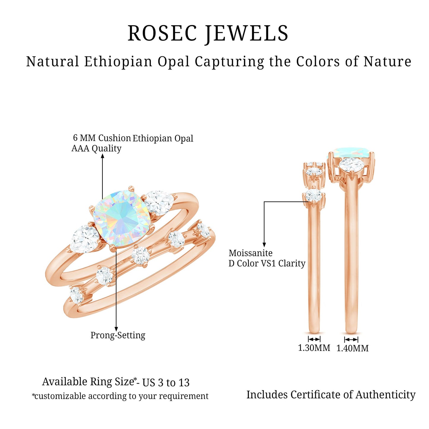 Cushion Cut Real Ethiopian Opal Wedding Ring Set with Moissanite