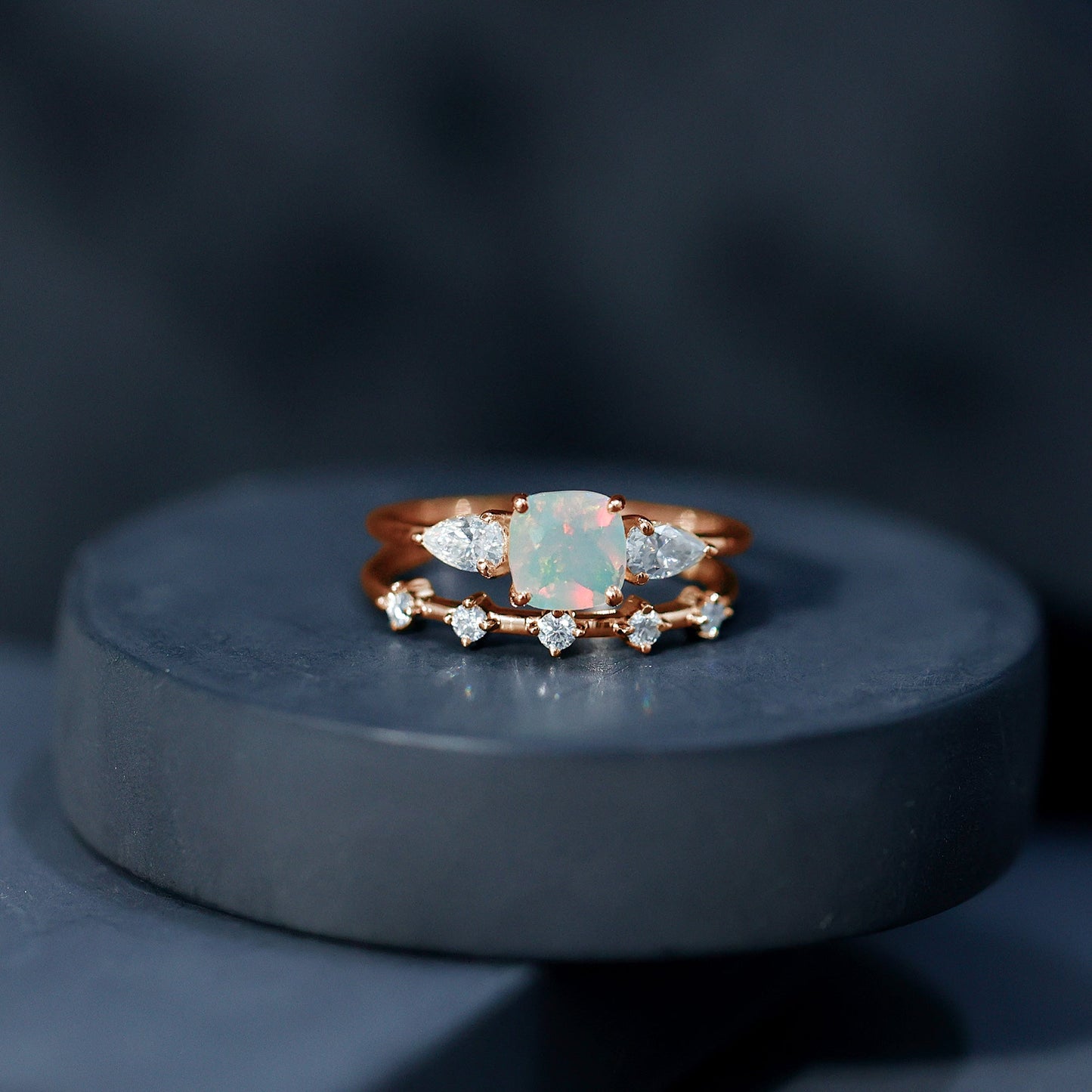 Cushion Cut Real Ethiopian Opal Wedding Ring Set with Moissanite