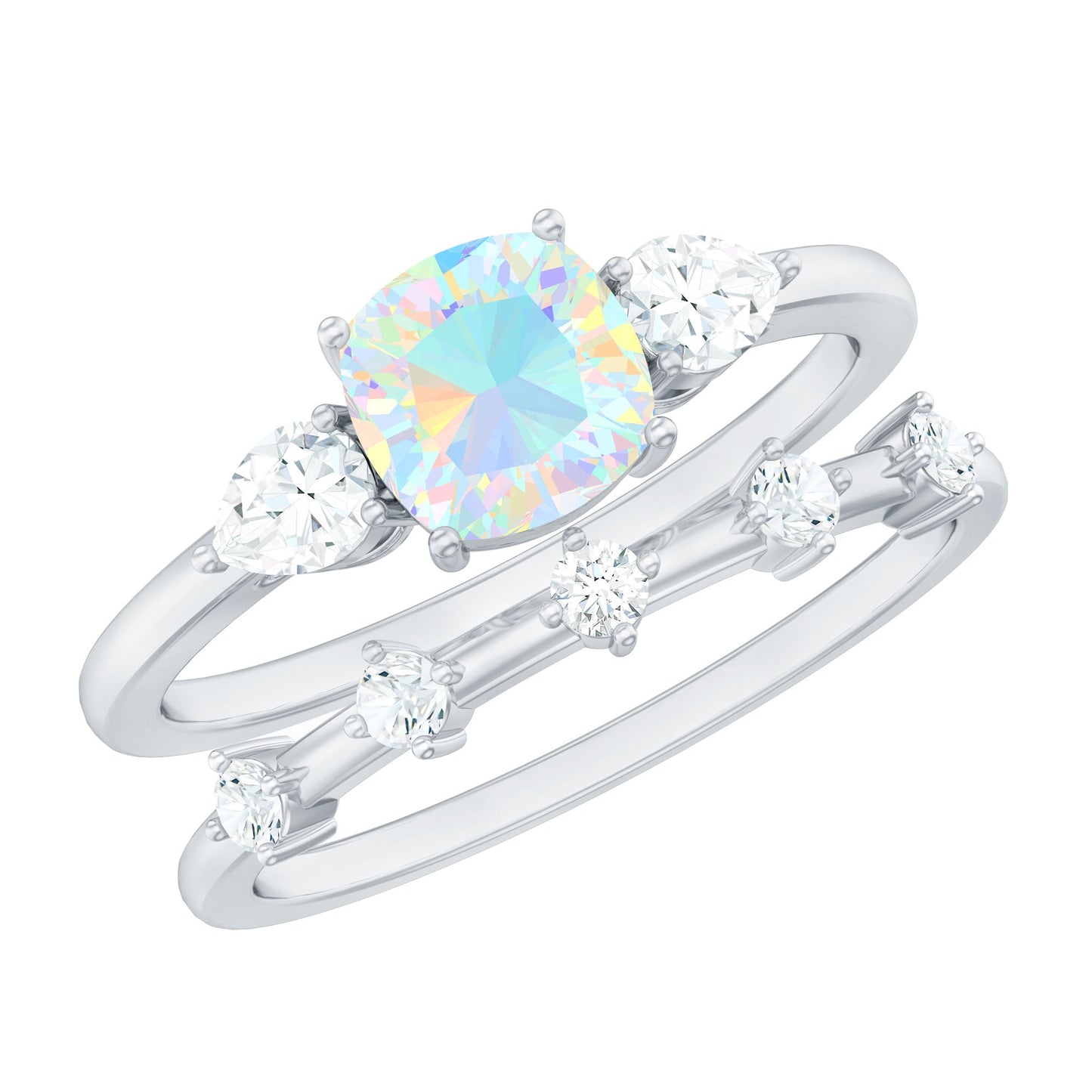 Cushion Cut Real Ethiopian Opal Wedding Ring Set with Moissanite