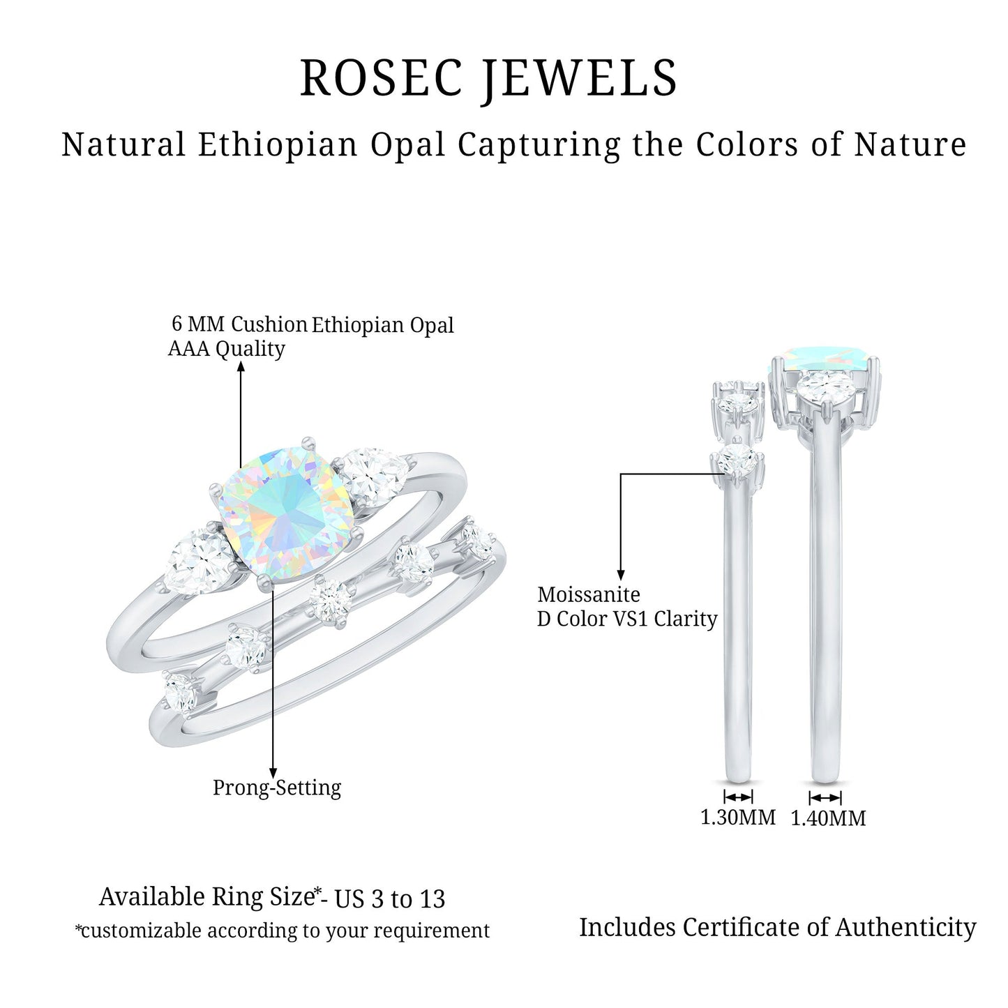Cushion Cut Real Ethiopian Opal Wedding Ring Set with Moissanite