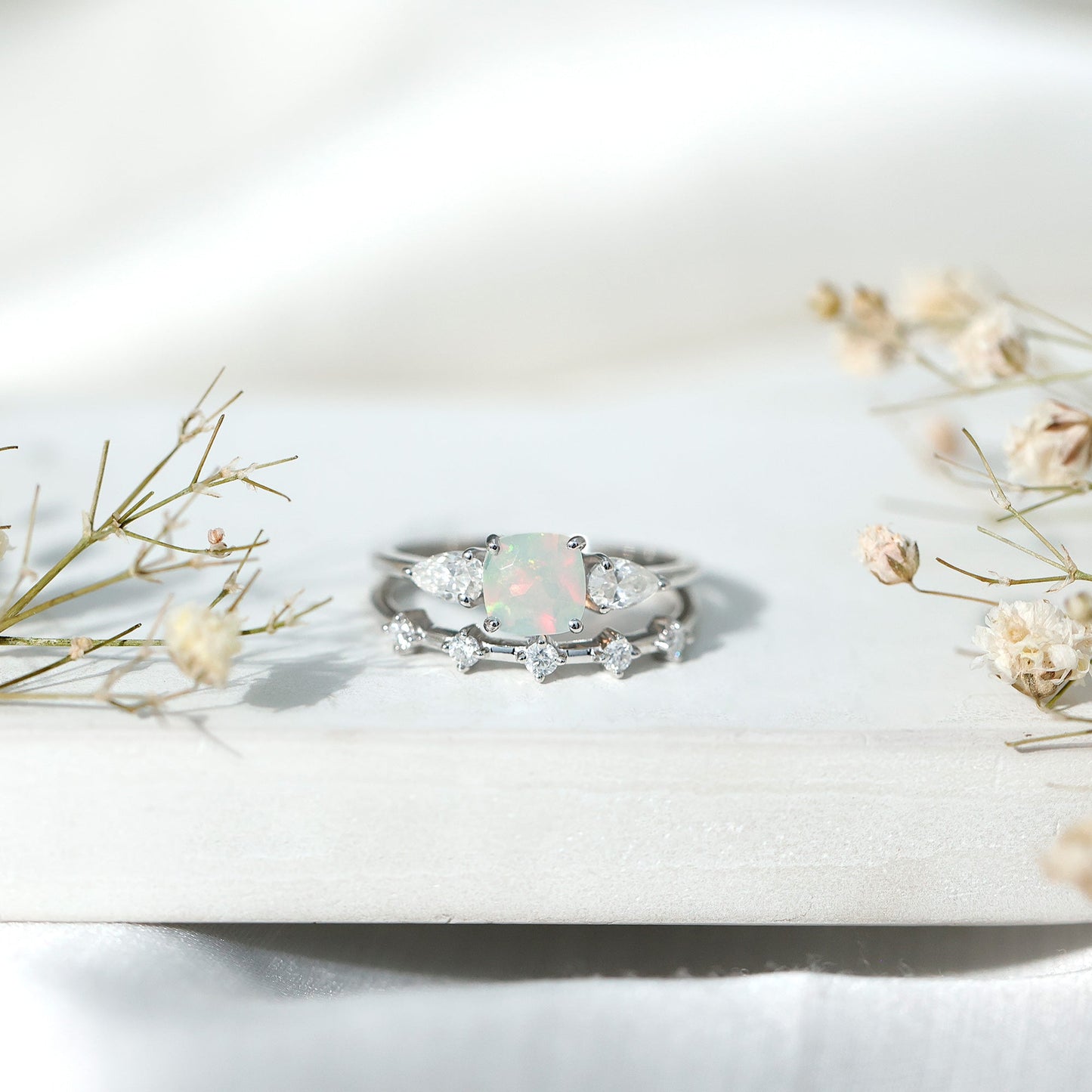 Cushion Cut Real Ethiopian Opal Wedding Ring Set with Moissanite