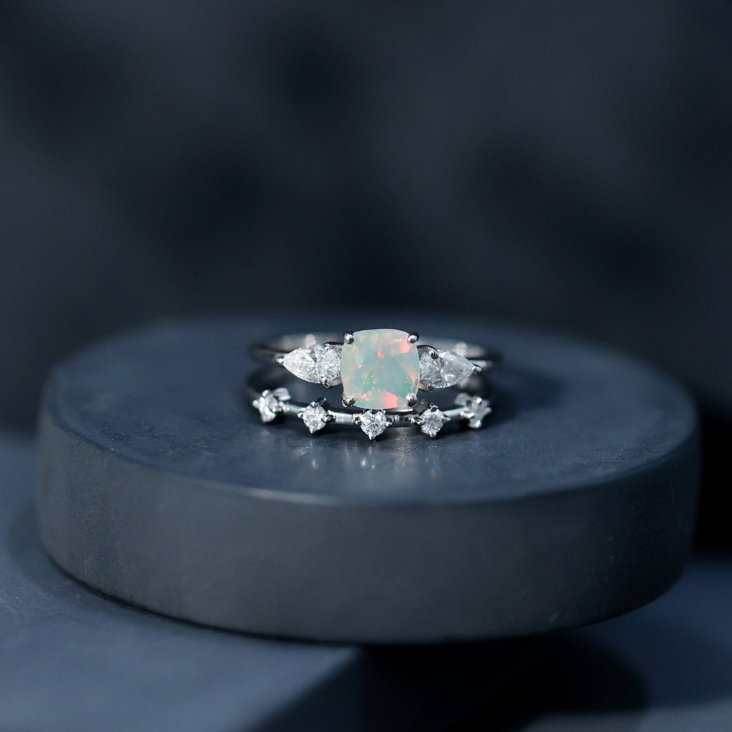 Cushion Cut Real Ethiopian Opal Wedding Ring Set with Moissanite