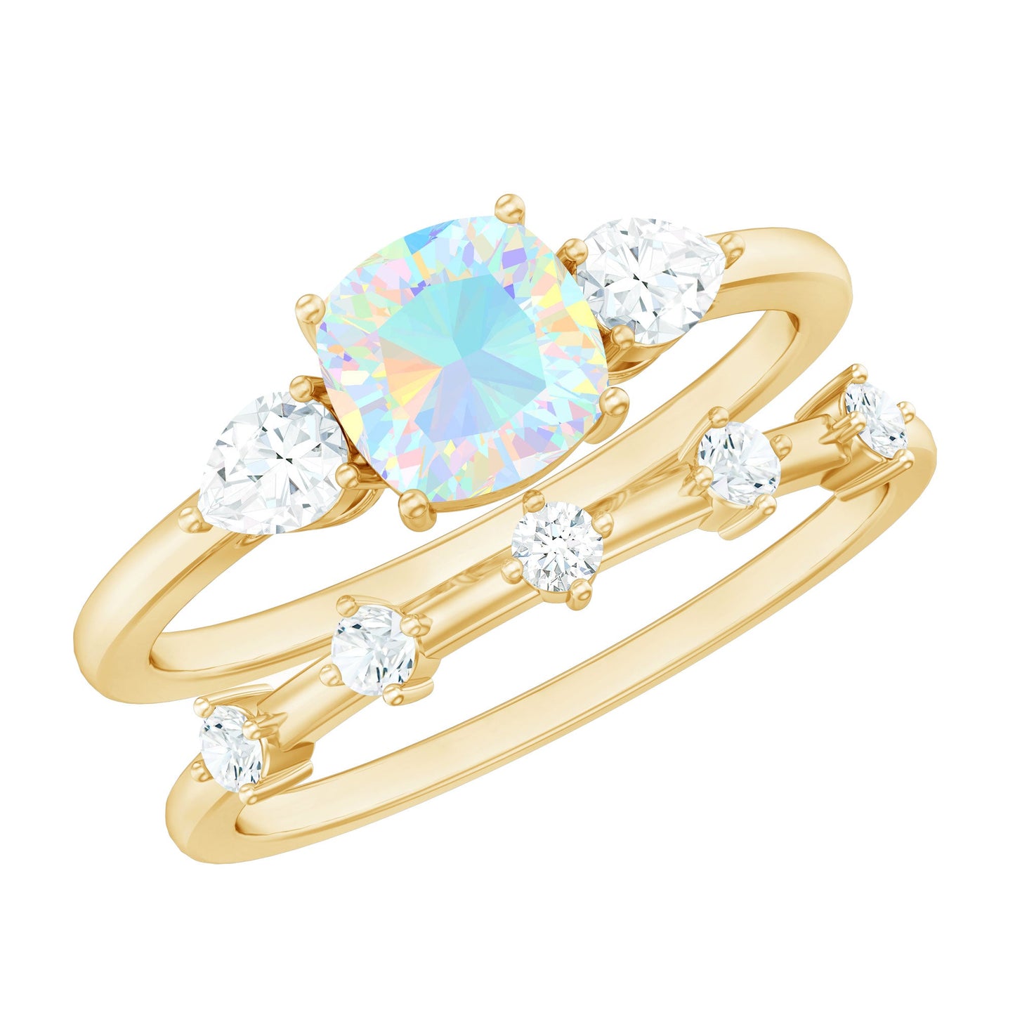 Cushion Cut Real Ethiopian Opal Wedding Ring Set with Moissanite