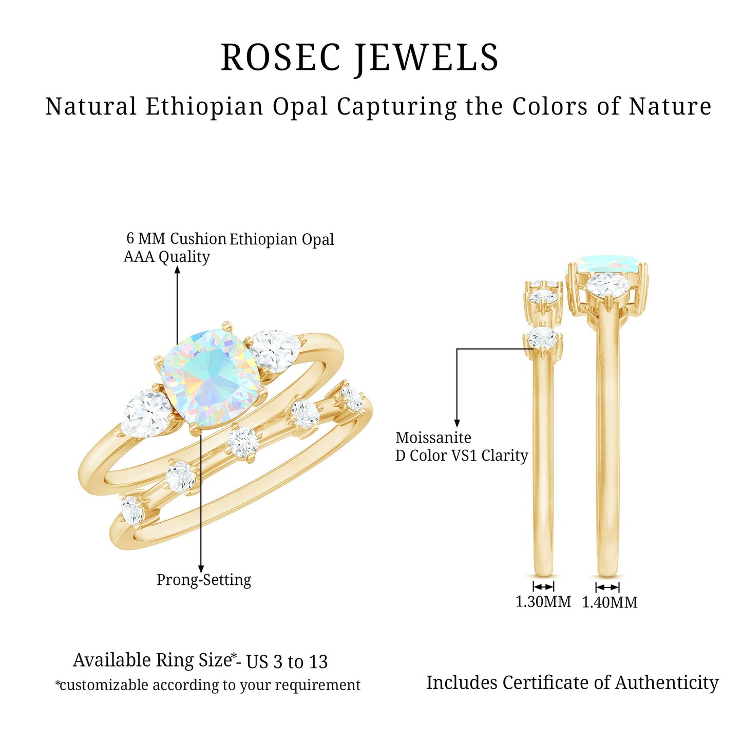 Cushion Cut Real Ethiopian Opal Wedding Ring Set with Moissanite