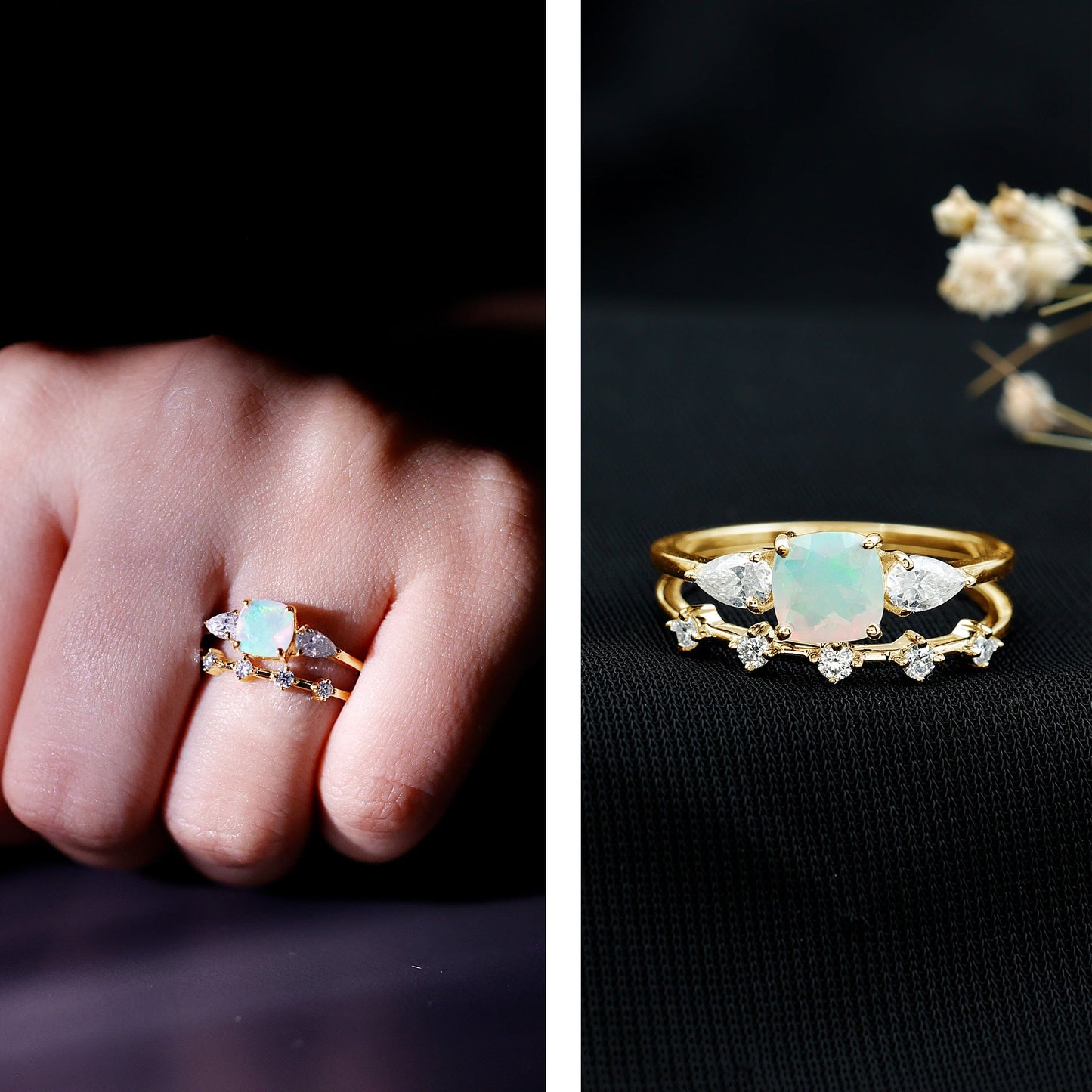 Cushion Cut Real Ethiopian Opal Wedding Ring Set with Moissanite