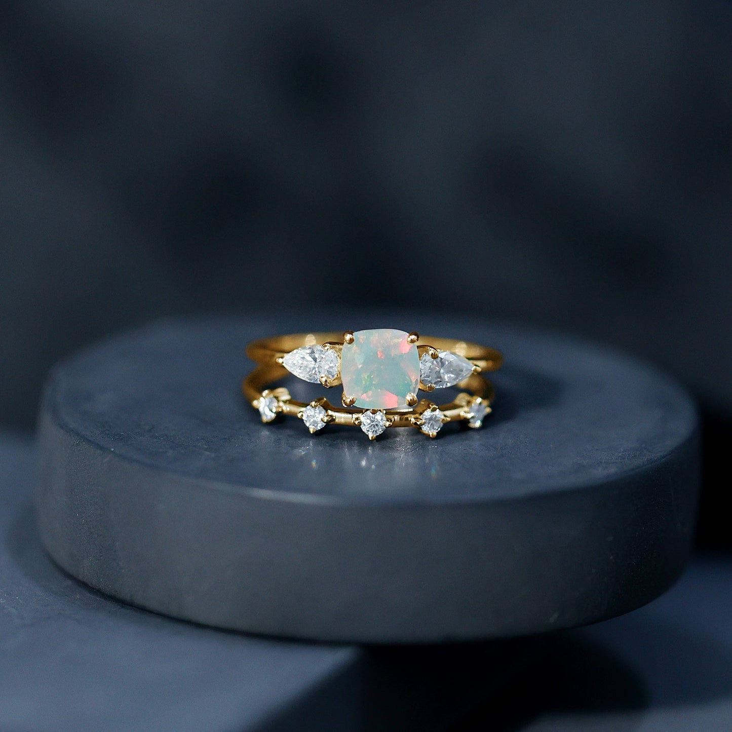 Cushion Cut Real Ethiopian Opal Wedding Ring Set with Moissanite