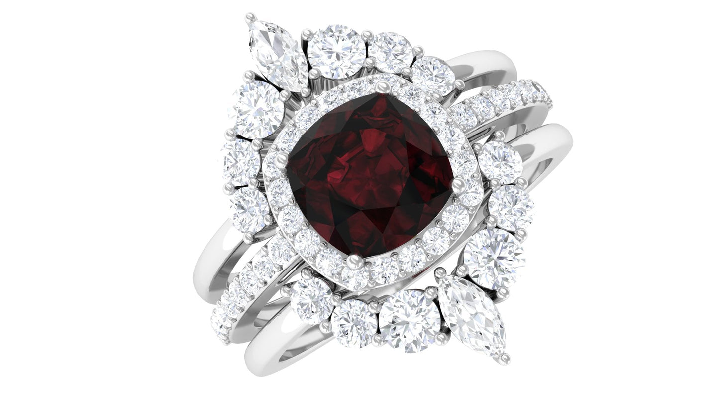 Natural 8mm Cushion Cut Garnet Statement Bridal Ring Set