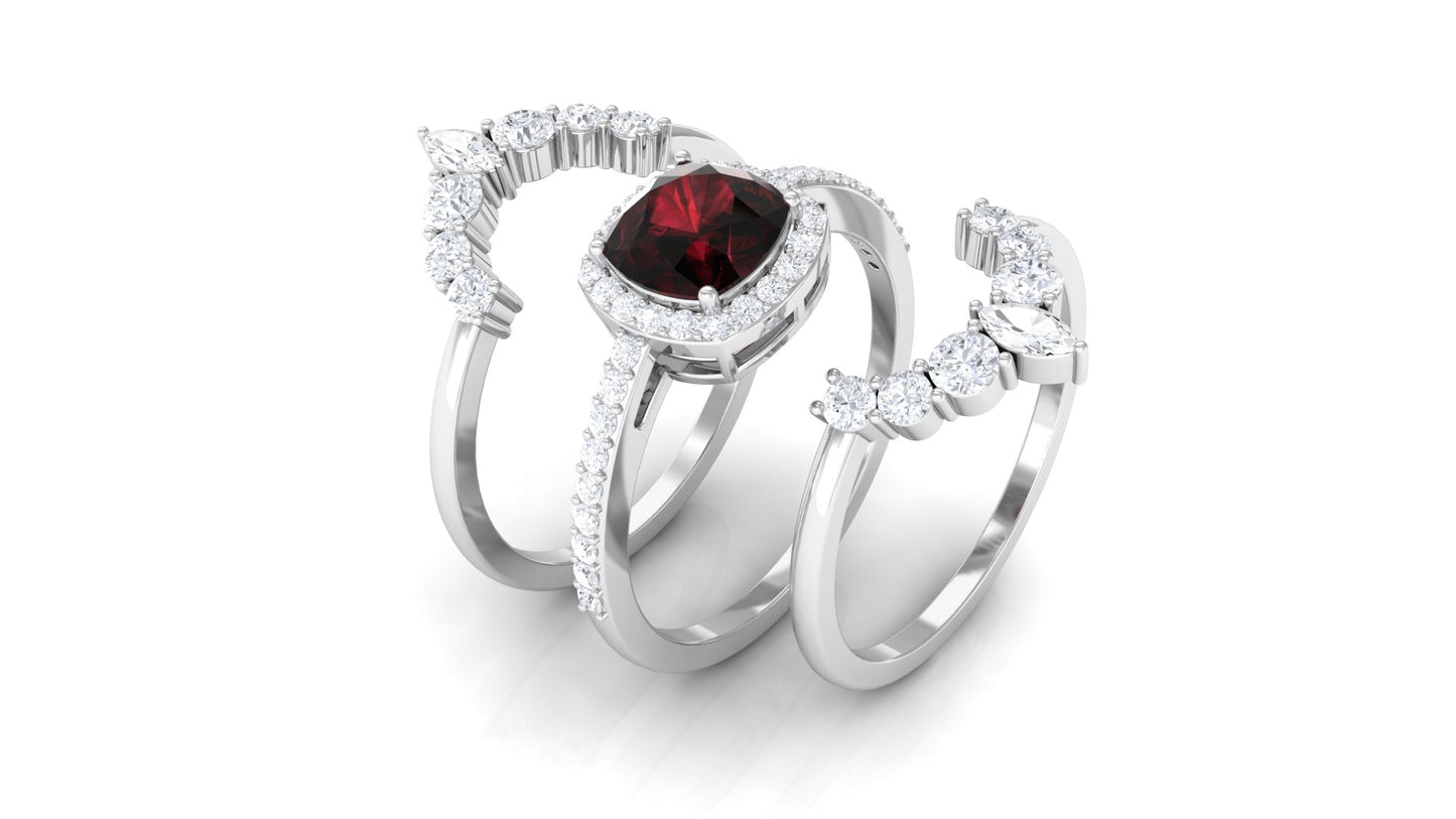 Natural 8mm Cushion Cut Garnet Statement Bridal Ring Set