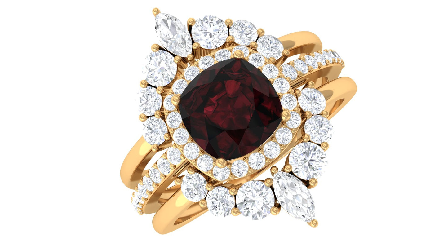 Natural 8mm Cushion Cut Garnet Statement Bridal Ring Set