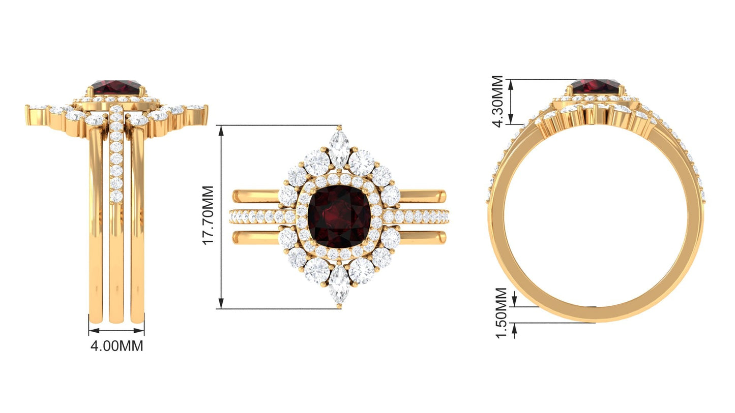 Natural 8mm Cushion Cut Garnet Statement Bridal Ring Set