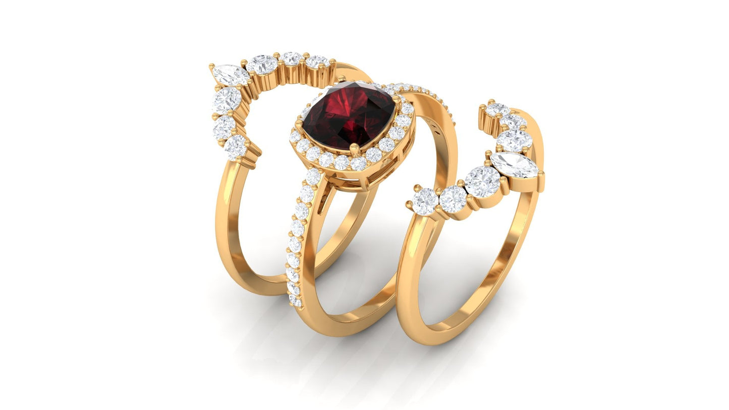 Natural 8mm Cushion Cut Garnet Statement Bridal Ring Set