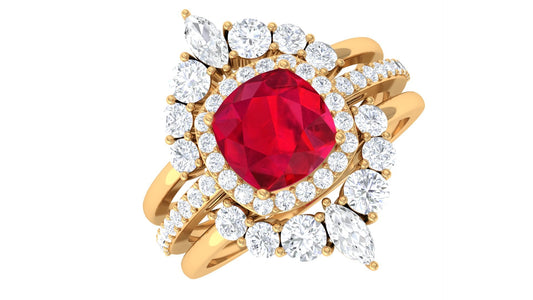 Certified Lab Grown Ruby 3 Piece Bridal Ring Set with Moissanite